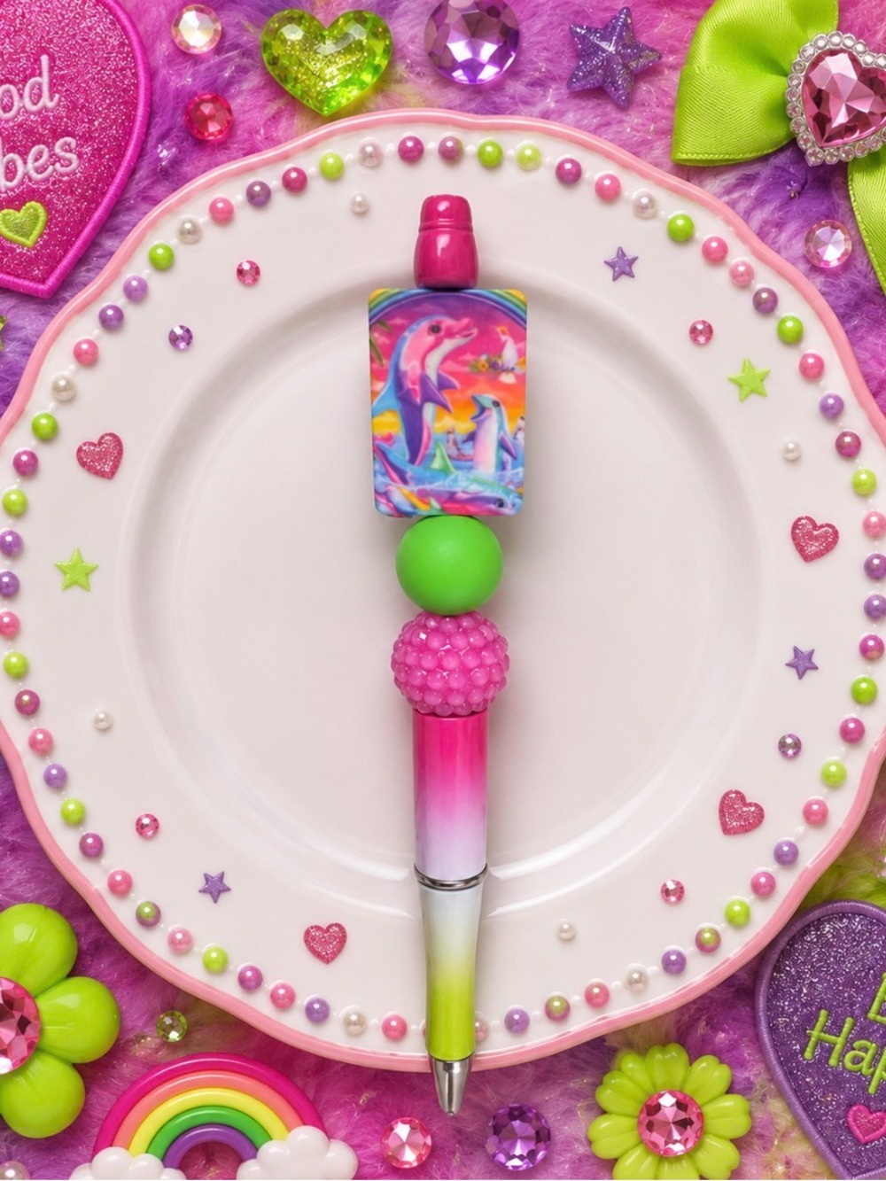 Handmade Vibrant Pink & Green Dolphin Bead Ballpoint Pen -